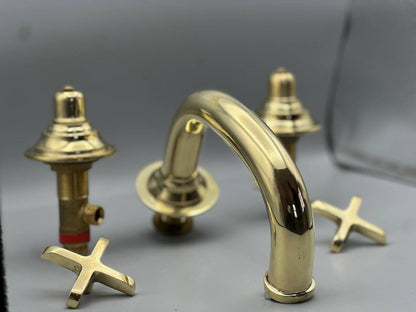 Vintage Unlacquered Brass Widespread Faucet with Flat Cross Handles