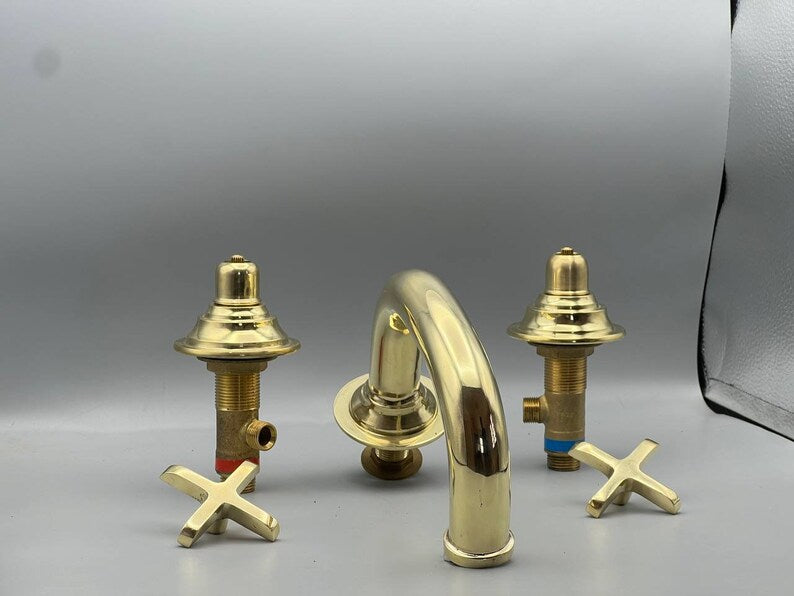 Vintage Unlacquered Brass Widespread Faucet with Flat Cross Handles