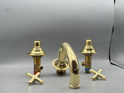 Vintage Unlacquered Brass Widespread Faucet with Flat Cross Handles
