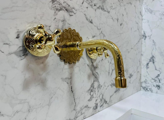 Hand-Engraved Moroccan Brass Wall-Mount Faucet