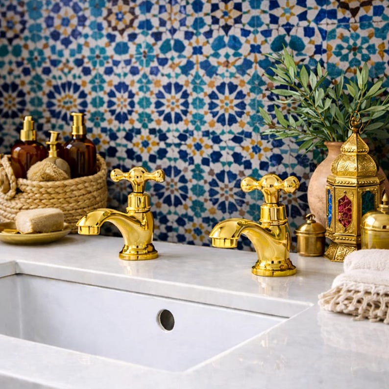 Gilded Heritage: Handcrafted Gold Cross-Handle Basin Taps