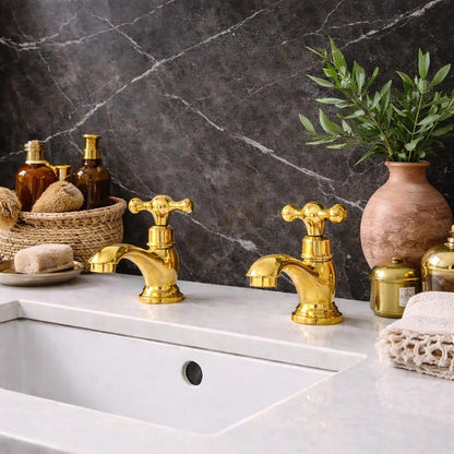 Gilded Heritage: Handcrafted Gold Cross-Handle Basin Taps