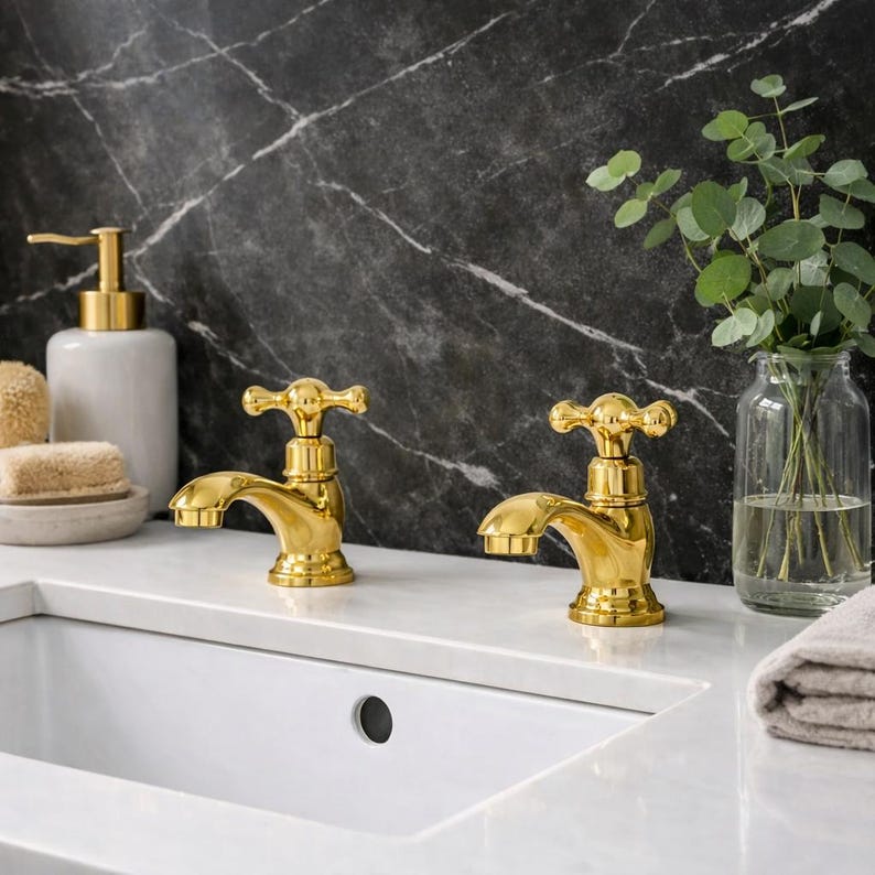 Gilded Heritage: Handcrafted Gold Cross-Handle Basin Taps