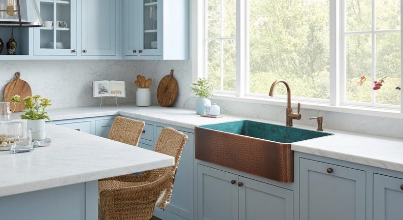 Artisan Teal-Patina Copper Farmhouse Sink