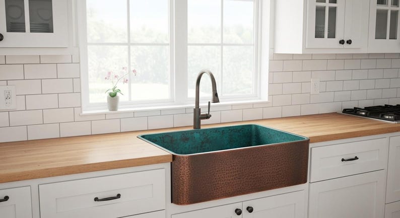 Artisan Teal-Patina Copper Farmhouse Sink