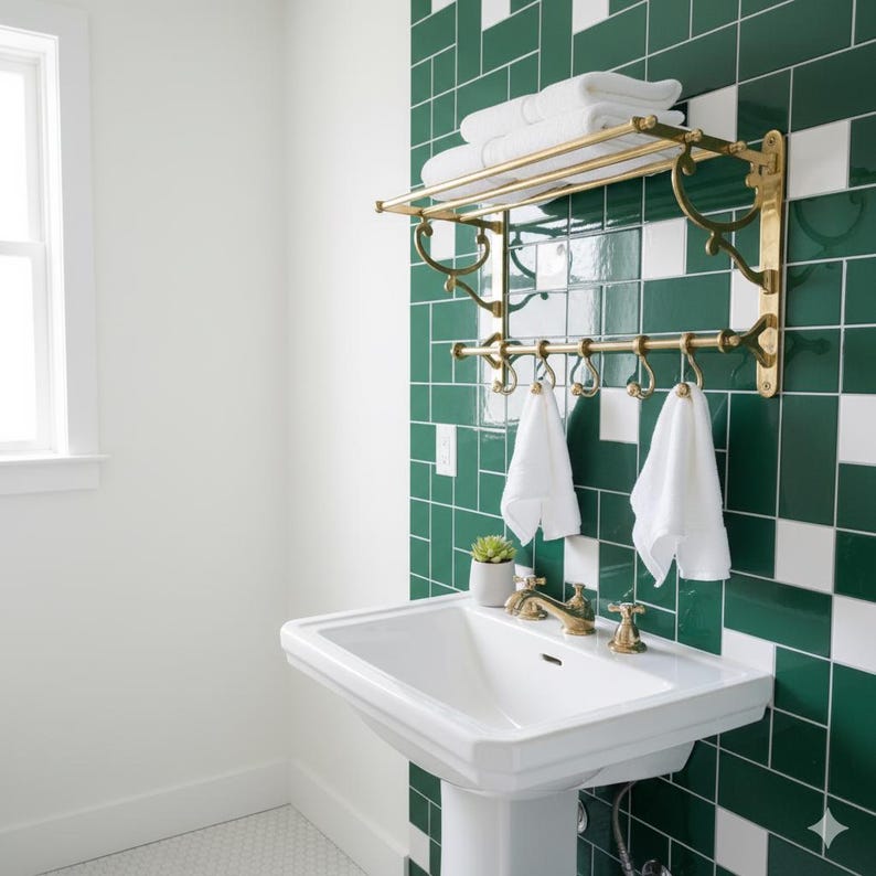 Unlacquered Brass Organizer Bathroom Shelf with Hooks