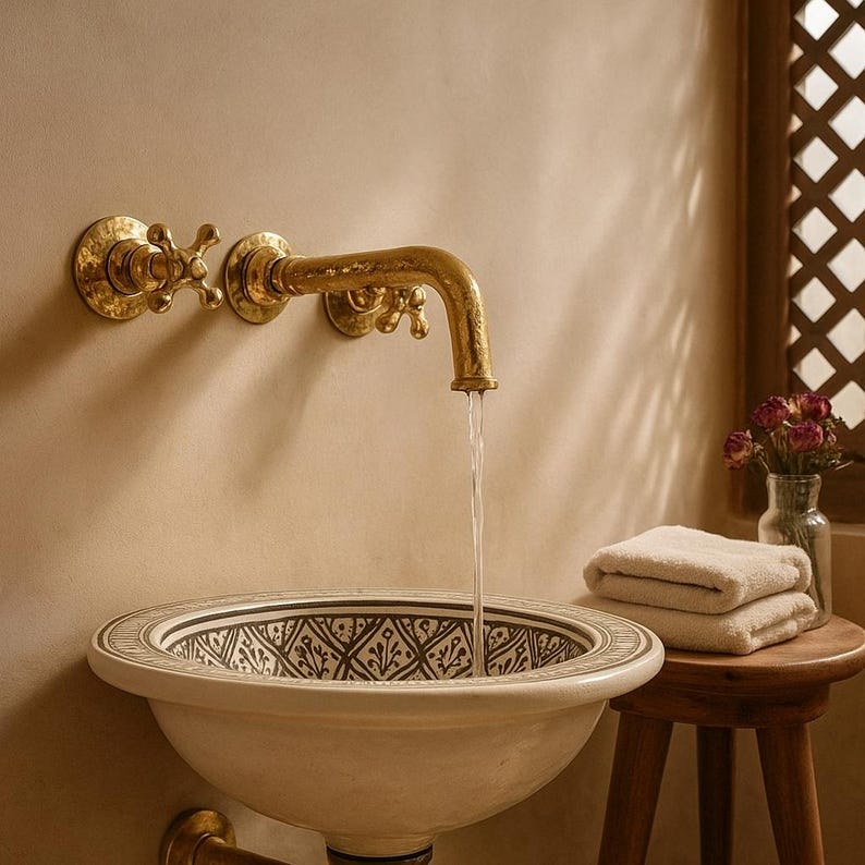 Wall-Mounted Unlacquered Brass Basin Faucet