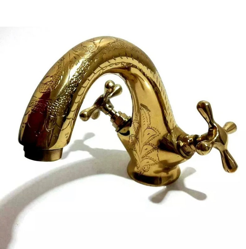 Hand-Engraved Unlacquered Brass Basin Faucet