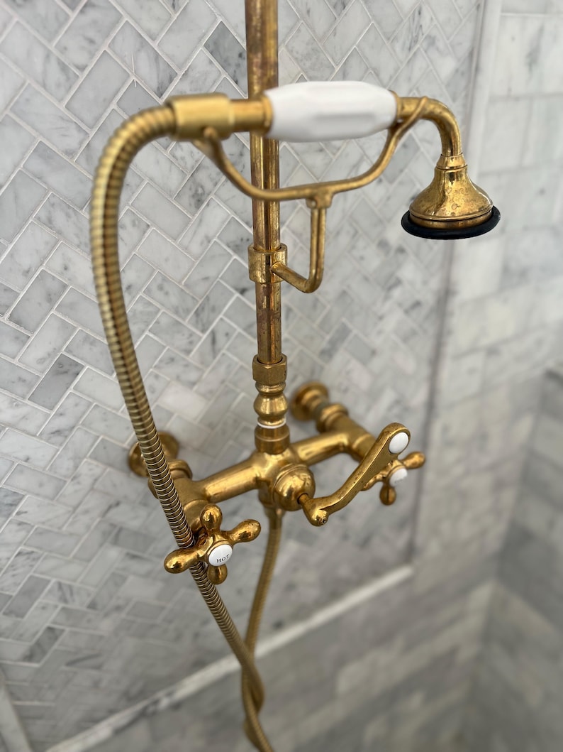 Unlacquered Brass High-Arc Exposed Shower System