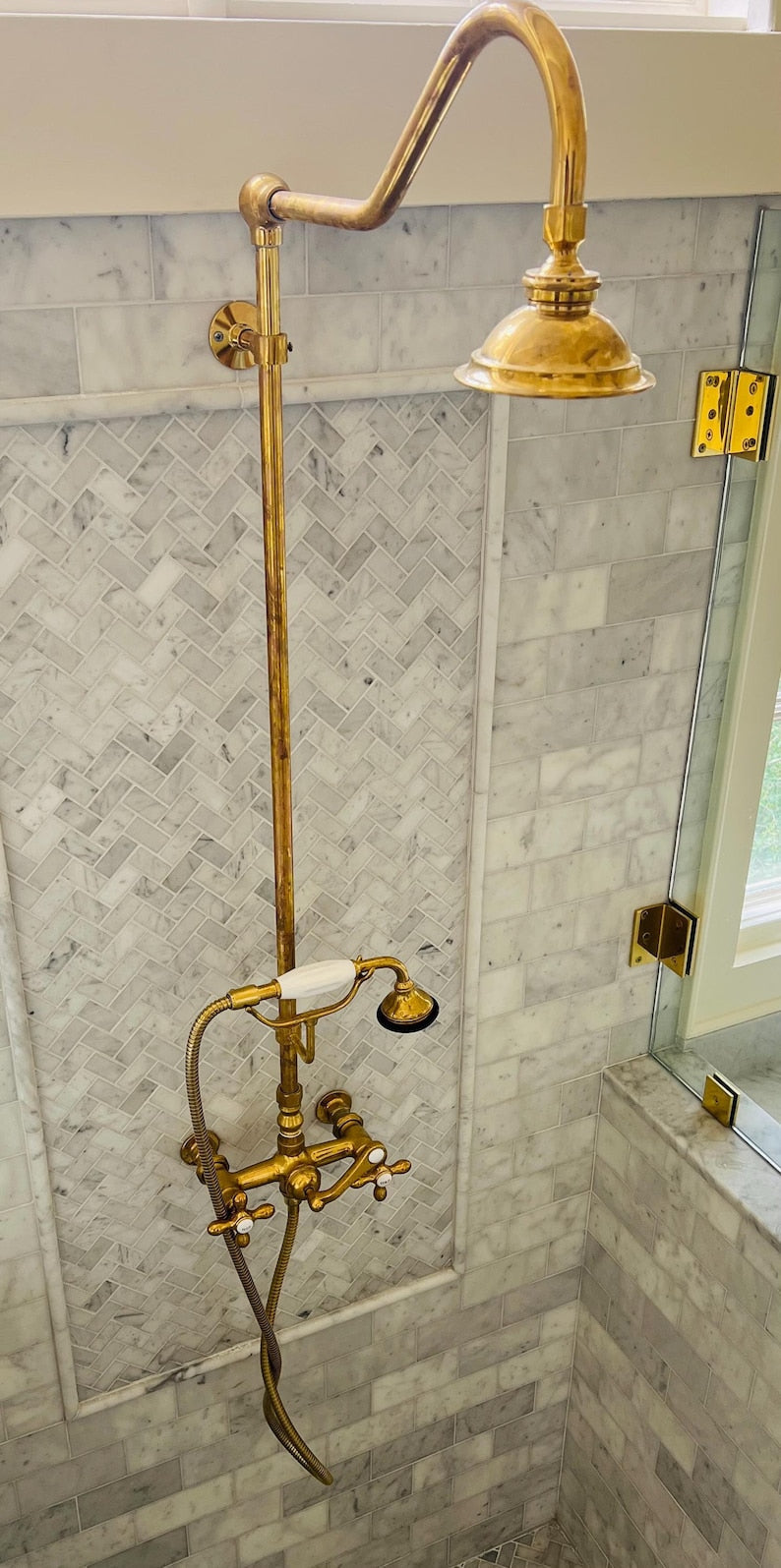 Unlacquered Brass High-Arc Exposed Shower System