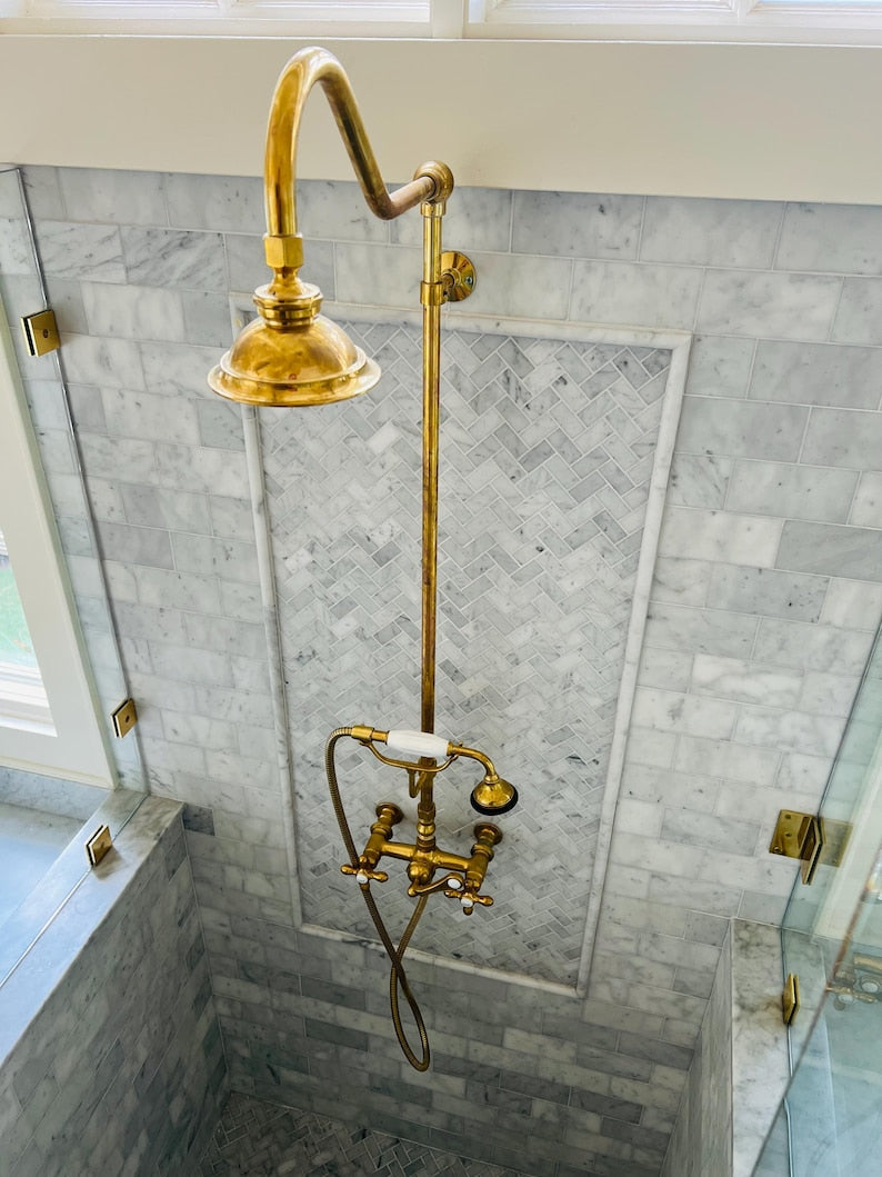 Unlacquered Brass High-Arc Exposed Shower System