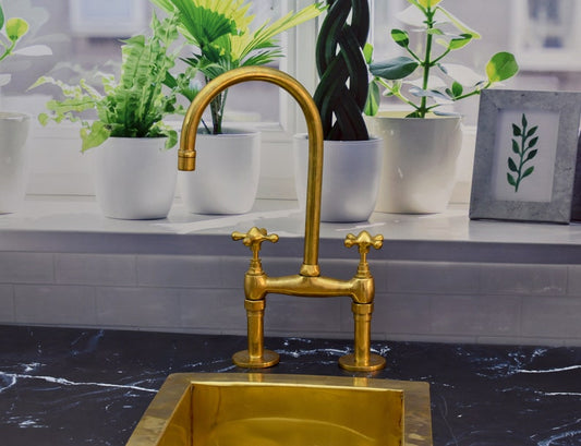 Brass Bridge Kitchen Faucet with Matching Side Sprayer