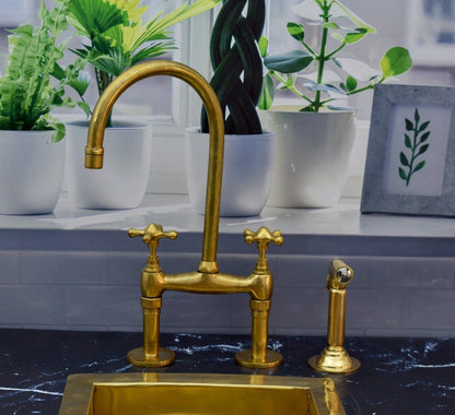 Brass Bridge Kitchen Faucet with Matching Side Sprayer