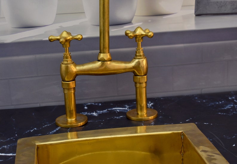 Brass Bridge Kitchen Faucet with Matching Side Sprayer