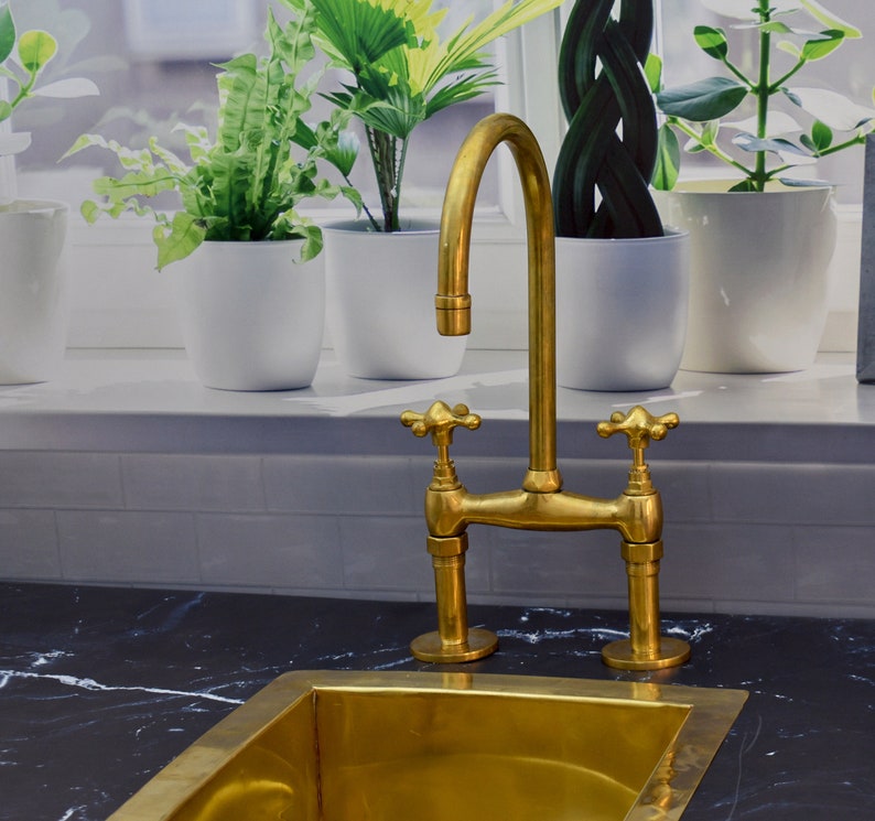 Brass Bridge Kitchen Faucet with Matching Side Sprayer