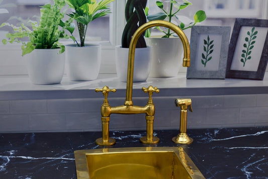 Brass Bridge Kitchen Faucet with Matching Side Sprayer