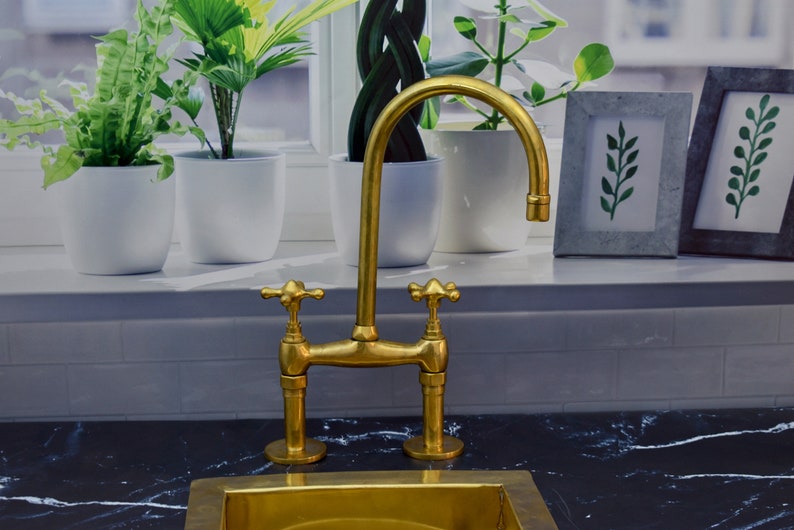 Brass Bridge Kitchen Faucet with Matching Side Sprayer