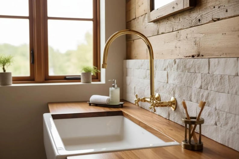 Polished Gold Wall-Mount Bridge Faucet