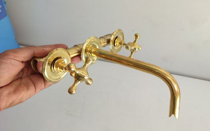 Unlacquered Brass Wall Mounted Bathroom Sink Faucet