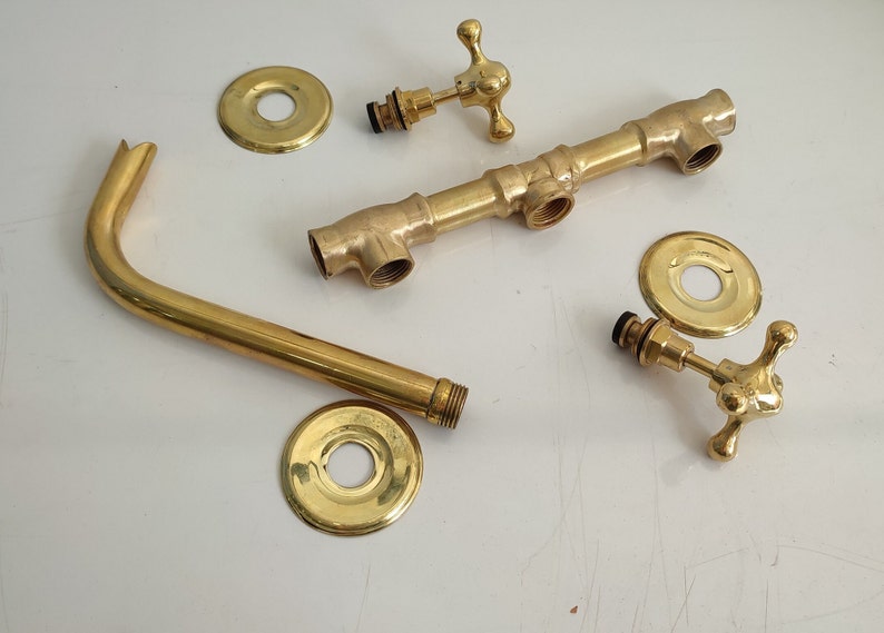 Unlacquered Brass Wall Mounted Bathroom Sink Faucet
