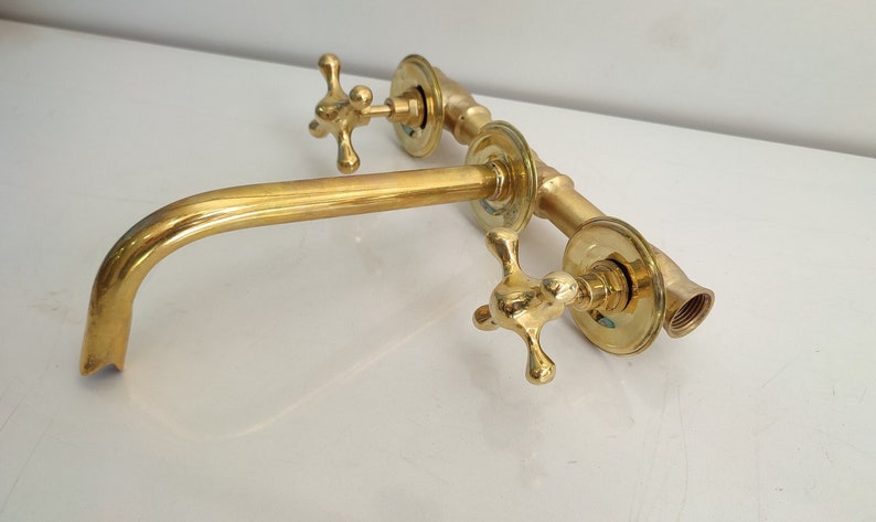 Unlacquered Brass Wall Mounted Bathroom Sink Faucet