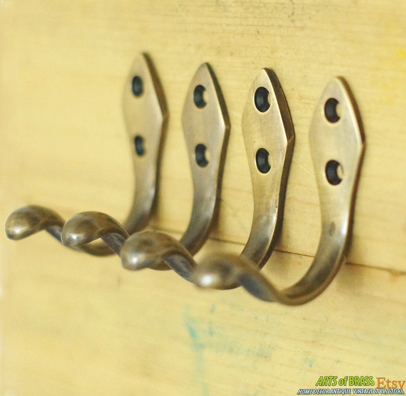 Set of 4 Vintage Retro Art Nouveau Solid Brass Wall Hooks