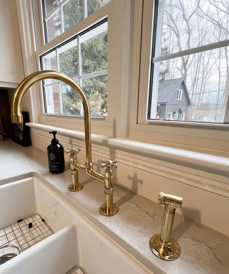 Polished Brass Kitchen Bridge Faucet – Deck Mount Mixer