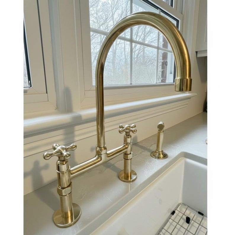 Polished Brass Kitchen Bridge Faucet – Deck Mount Mixer