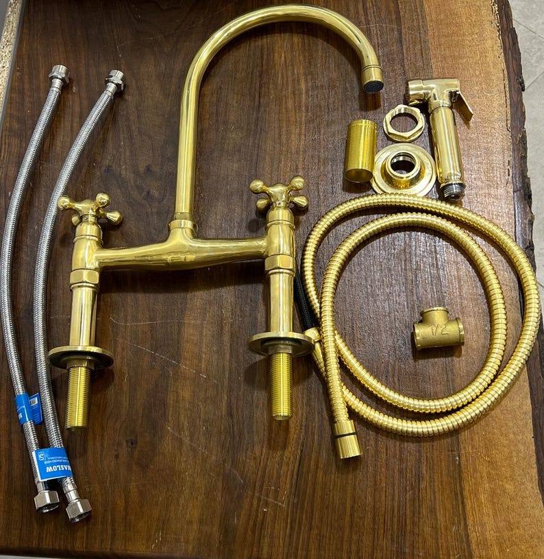 Polished Brass Kitchen Bridge Faucet – Deck Mount Mixer