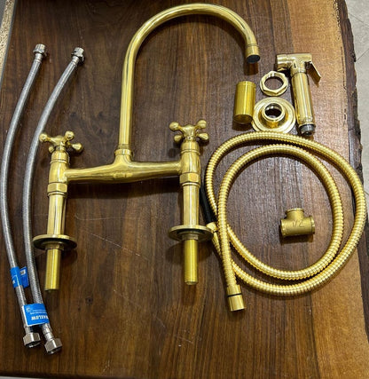 Polished Brass Kitchen Bridge Faucet – Deck Mount Mixer