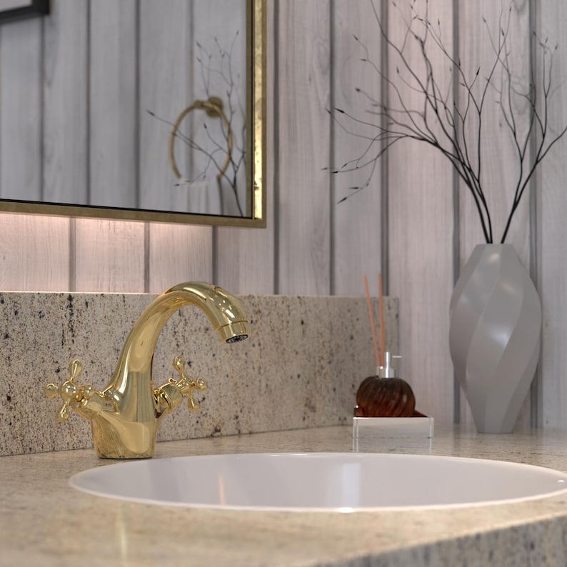 Brass Bathroom Faucet with Contoured Spout