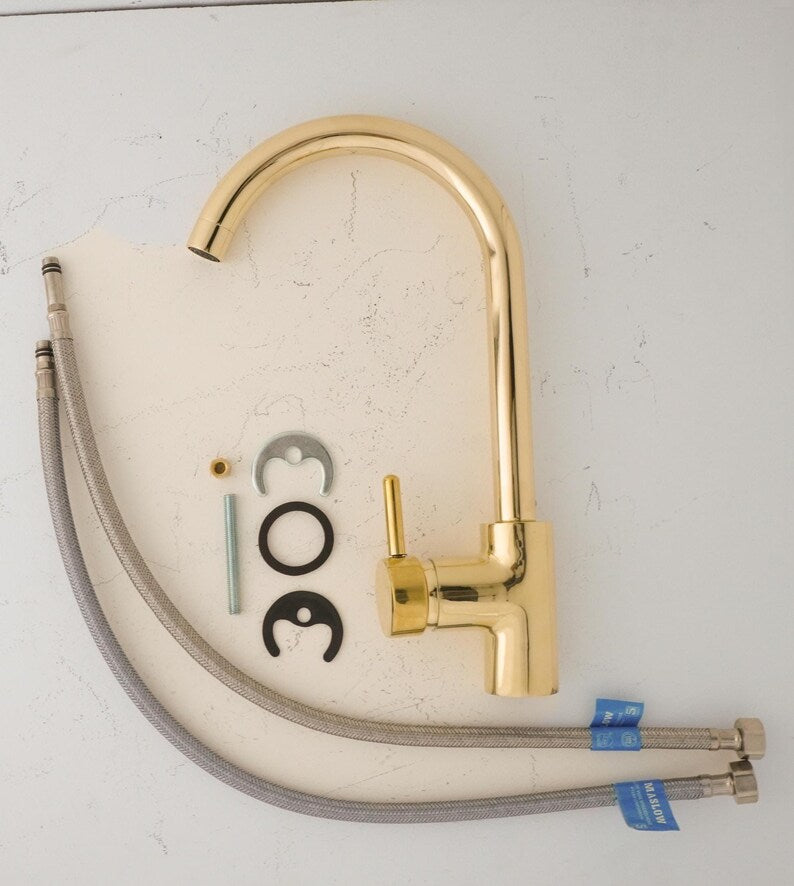 Single-Hole Brass Kitchen Faucet Minimalist Gooseneck Mixer