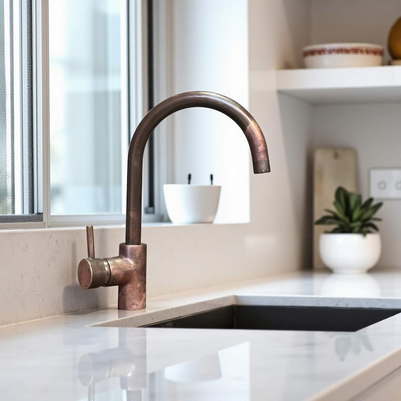 Antique Copper Gooseneck Kitchen Faucet  Single Handle