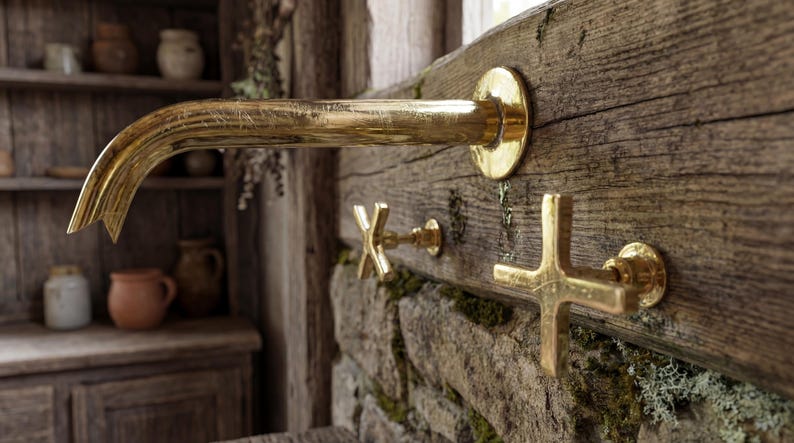Wall-Mount Unlacquered Brass Faucet  3-Hole Basin Mixer