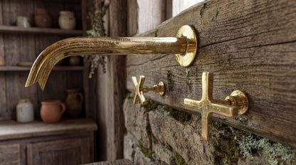 Wall-Mount Unlacquered Brass Faucet  3-Hole Basin Mixer