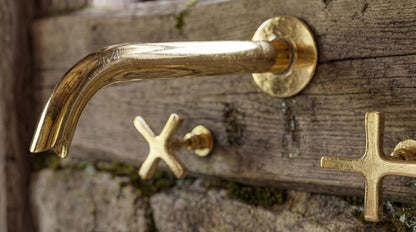 Wall-Mount Unlacquered Brass Faucet  3-Hole Basin Mixer