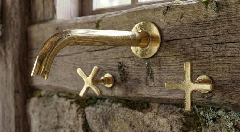 Wall-Mount Unlacquered Brass Faucet  3-Hole Basin Mixer