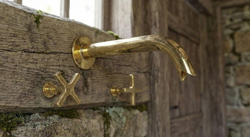 Wall-Mount Unlacquered Brass Faucet  3-Hole Basin Mixer