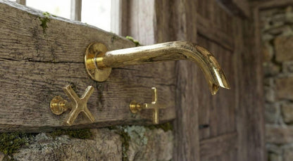 Wall-Mount Unlacquered Brass Faucet  3-Hole Basin Mixer
