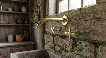 Wall-Mount Unlacquered Brass Faucet  3-Hole Basin Mixer