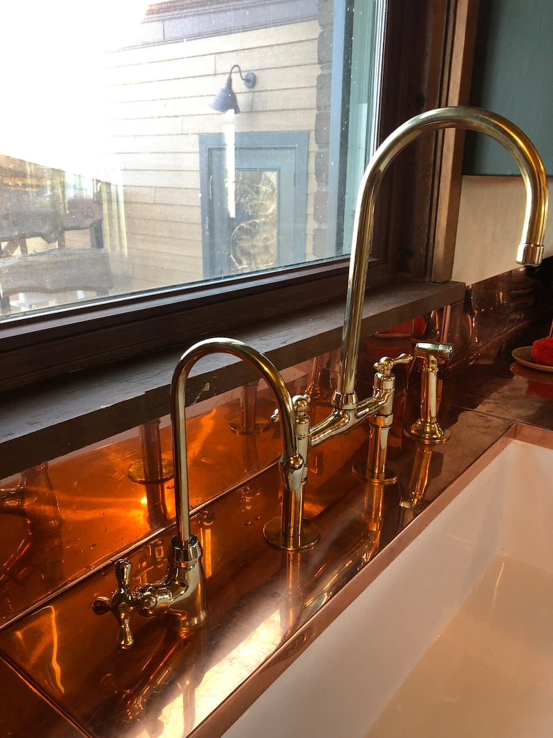 Polished Brass Kitchen Bridge Faucet Set