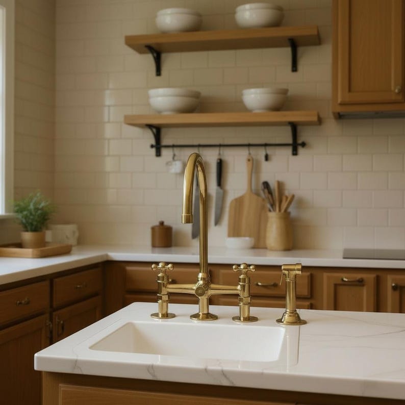 Polished Gold Kitchen Bridge Faucet with Side Sprayer