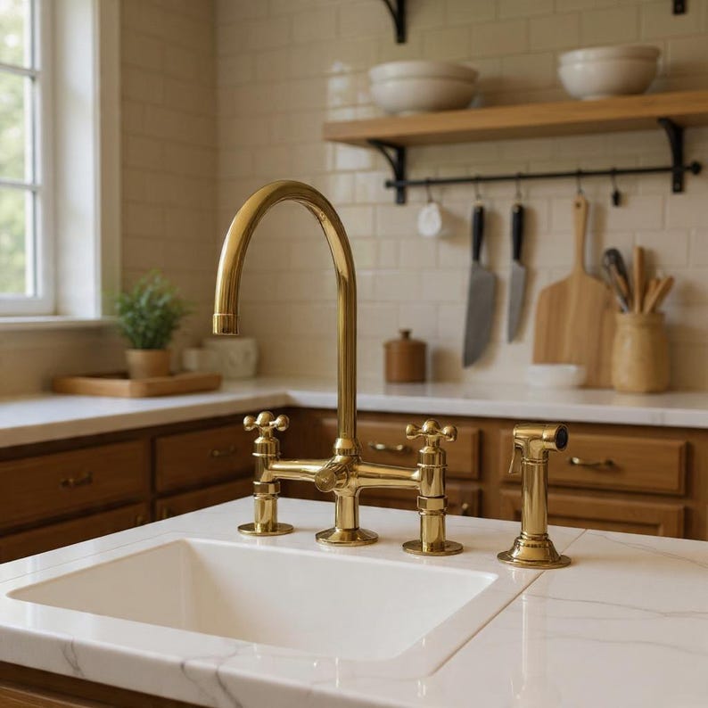 Polished Gold Kitchen Bridge Faucet with Side Sprayer