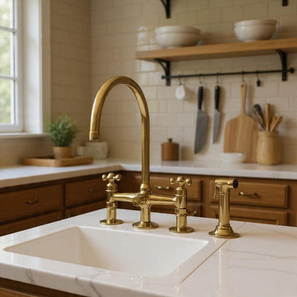 Polished Gold Kitchen Bridge Faucet with Side Sprayer