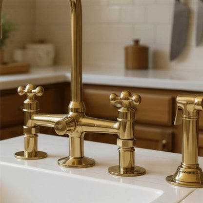 Polished Gold Kitchen Bridge Faucet with Side Sprayer