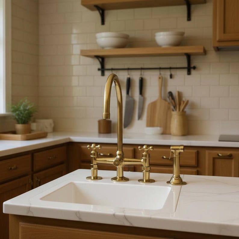 Polished Gold Kitchen Bridge Faucet with Side Sprayer