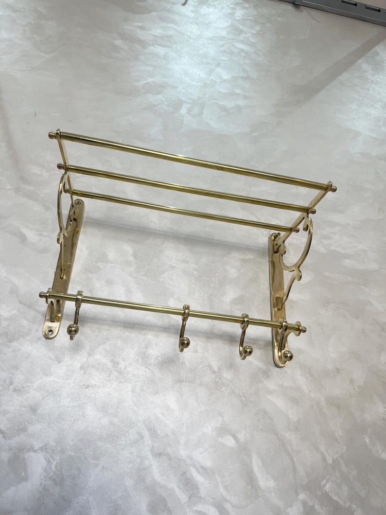 Unlacquered Brass Organizer Bathroom Shelf with Hooks