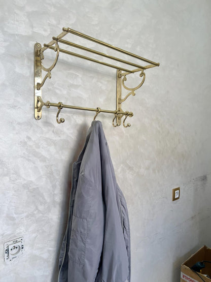 Unlacquered Brass Organizer Bathroom Shelf with Hooks