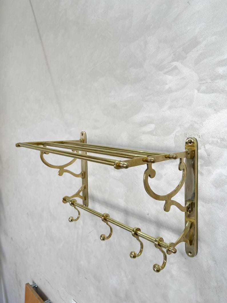 Unlacquered Brass Organizer Bathroom Shelf with Hooks