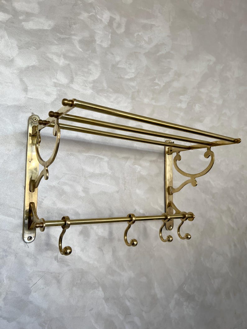 Unlacquered Brass Organizer Bathroom Shelf with Hooks
